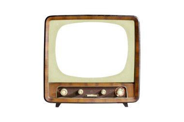 Beyaz arkaplanda boş ekran izole edilmiş klasik CRT TV seti, retro alanog televizyon teknolojisi 