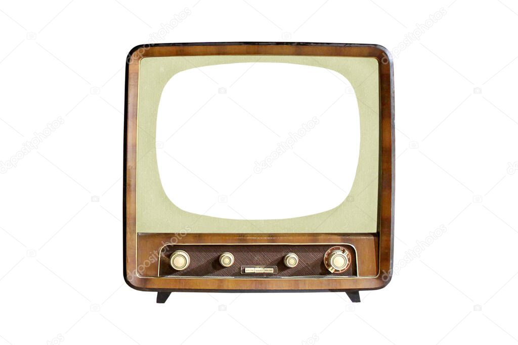 Vintage CRT TV set with blank screen isolated on white background, retro alanog television technology 