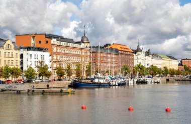 View of central Helsinki with a marina full of boats and yachts