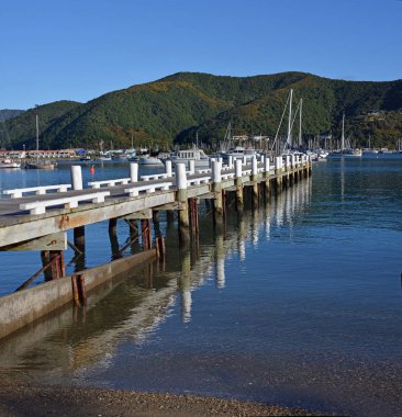 Kış Waikawa Jetty, Marlborough Sounds, Yeni Zelanda