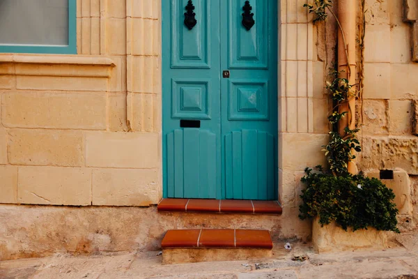 石レンガの壁の青い木製ドア — ストック写真