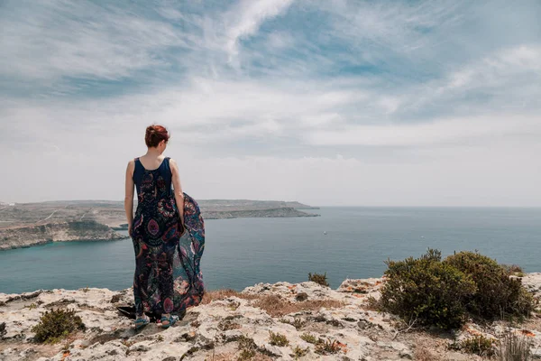 Young Redhead Woman Long Dress Moving Wind Standing Edge Cliff — Stock Photo, Image