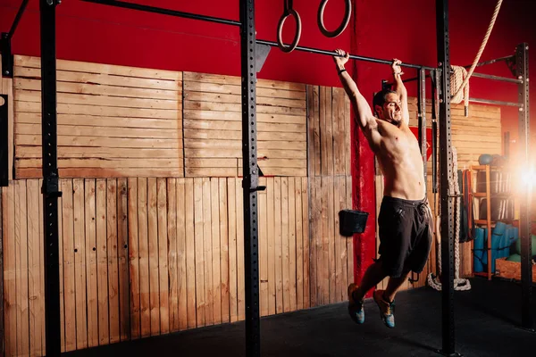 Athletic Young Man Doing Pull Ups Exercises Shirt Crossfit Gym — Stock Photo, Image