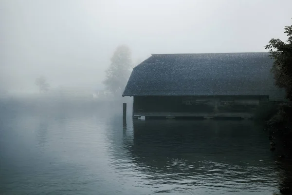 Maison Bois Dans Lac Konigsee Près Port Schonau Bavière Allemagne — Photo