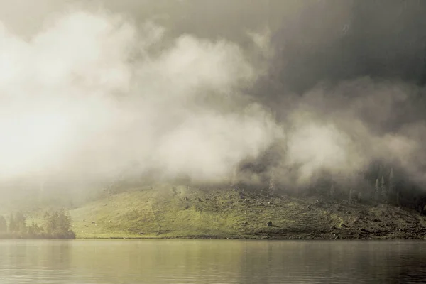 Blick Auf Den Wald Gebirge Nebel Seeufer — Stockfoto