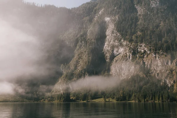 Vue Sur Forêt Dans Montagne Milieu Brouillard Bordure Lac — Photo