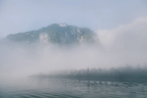 Blick Auf Den Wald Gebirge Nebel Seeufer — Stockfoto