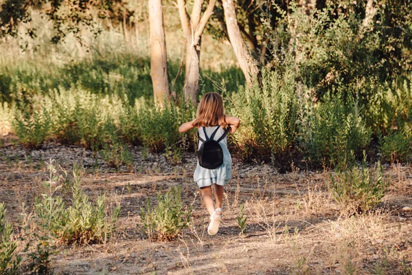 Ormandaki Sırt Çantası Ile Elbiseli Küçük Sarışın Kız — Stok fotoğraf