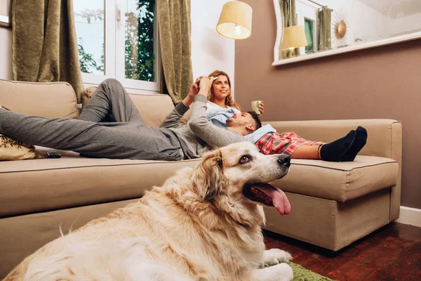 Jovens sorrindo casal juntos no sofá com seu cão — Fotografia de Stock