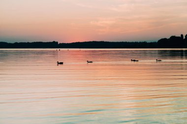 Chiemsee gölünde ufkun arkasına saklanan güneş