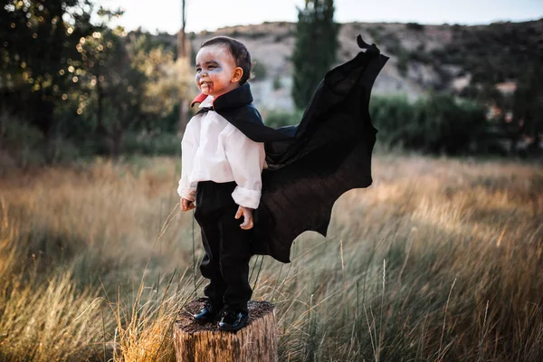 Ребенок улыбается в костюме дракулы на Хэллоуин в лесу Лицензионные Стоковые Изображения
