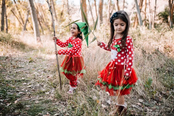 Meninas disfarçadas de Natal na floresta com sua família — Fotografia de Stock