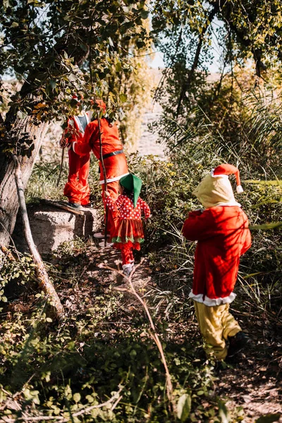 Gruppe von Menschen verkleidet zu Weihnachten im Wald — Stockfoto