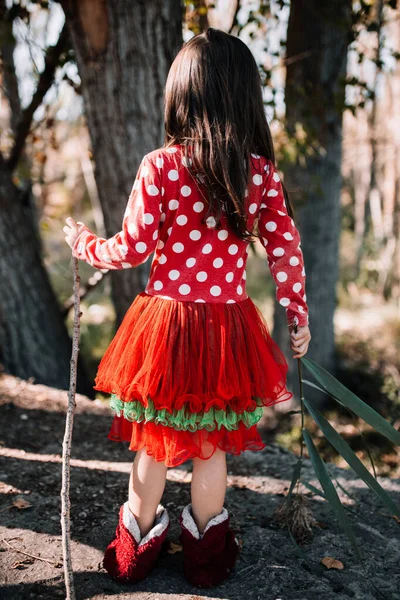 Menina disfarçada de Natal na floresta com sua família — Fotografia de Stock