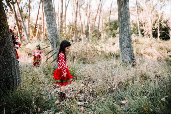 Bambini travestiti a Natale nella foresta con la famiglia — Foto Stock