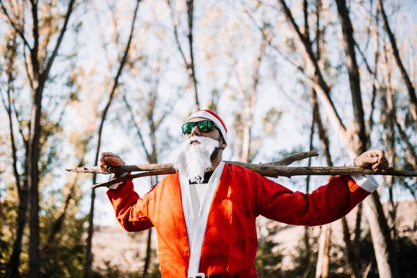 Babbo Natale con occhiali da sole osservare la foresta — Foto Stock