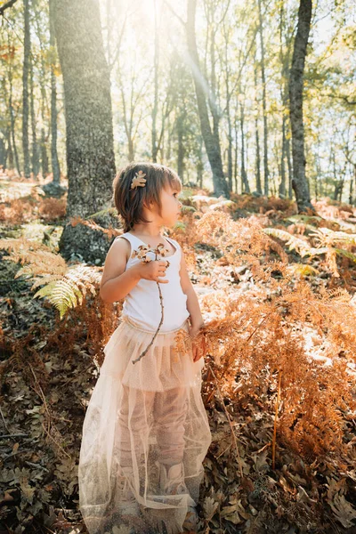 Klein blank meisje dat in het bos tussen varens staat — Stockfoto