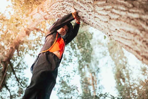 Boy disguised to halloween in the forest supported on a log — Stock Image Boy disguised to halloween in the forest supported on a log Stock Picture