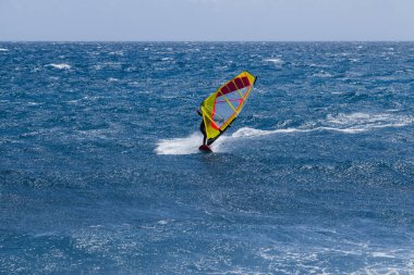 Mavi denizde rüzgar sörfü yelkenleri