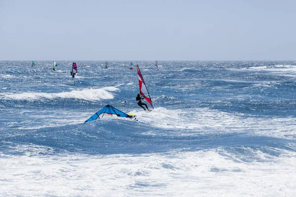 Grupa windsurferów praktykujących w oceanie z kolorowymi żaglami — Zdjęcie stockowe