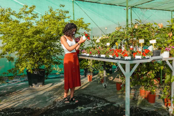 Mulher com máscara facial jardinagem em estufa covid-19 — Fotografia de Stock