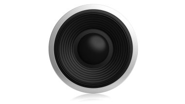 Müzik konsepti. Beyaz arka plan üzerinde izole siyah ses hoparlör. 3D çizim