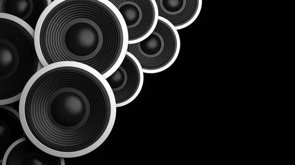 Musikkonzept Mehrere Schwarze Lautsprecher Verschiedener Größe Auf Schwarzem Hintergrund Kopierraum — Stockfoto