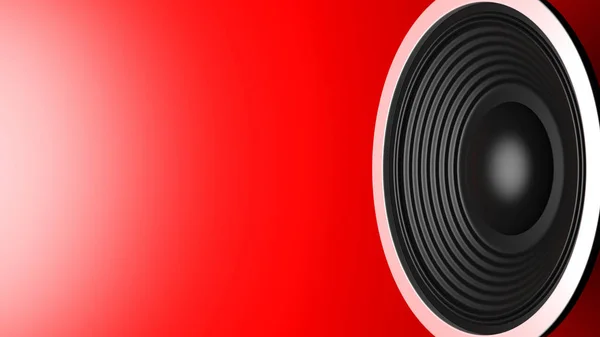 Music concept. Black sound speaker on red background, copy space. 3d illustration