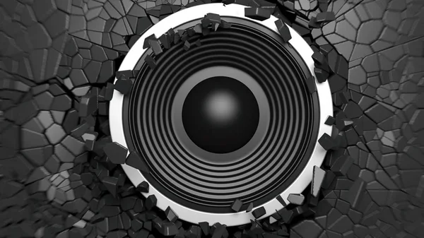 Music concept. Black sound speaker on black cracked wall background. 3d illustration