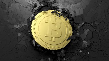 Cryptocurrency atılım kavramı. Siyah duvar boyunca büyük bir güçle kırma Bitcoin. 3D çizim