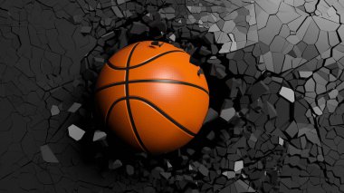 Spor kavram. Basketbol topu ile siyah duvar büyük bir güçle kırma. 3D çizim.