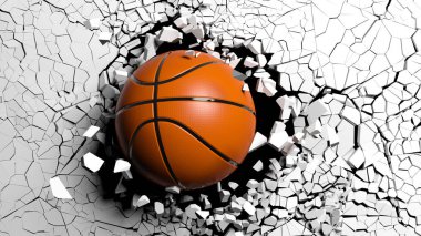 Spor kavram. Basketbol topu ile beyaz bir duvar büyük bir güçle kırma. 3D çizim.