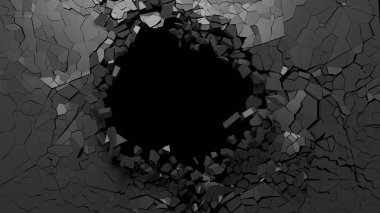 Shattered wall concept. Hole on a broken black wall blank space. 3d illustration clipart