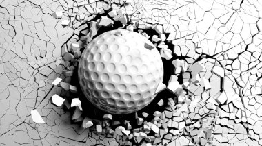 Spor kavram. Golf topu beyaz bir duvar ile büyük bir güçle kırma. 3D çizim.
