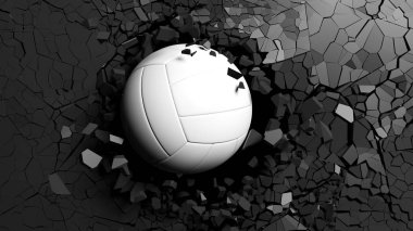 Spor kavram. Voleybol topu siyah bir duvar boyunca büyük bir güçle kırma. 3D çizim.