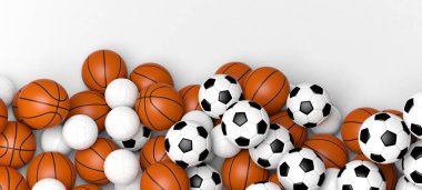 Takım spor kavramı. Beyaz duvar afiş boşluk ile basketbol, voleybol ve futbol topları. 3D çizim.