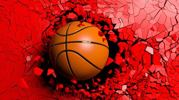 Sports concept. Basketball ball breaking with great force through a red wall. 3d illustration.