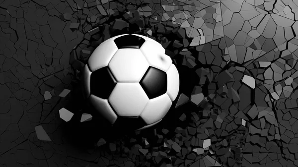 Football Concept Soccer Ball Breaking Great Force Black Wall Illustration — Stock Photo, Image