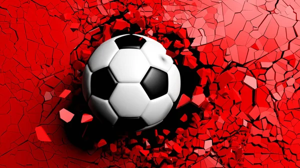 Football Concept Soccer Ball Breaking Great Force Red Wall Illustration — Stock Photo, Image