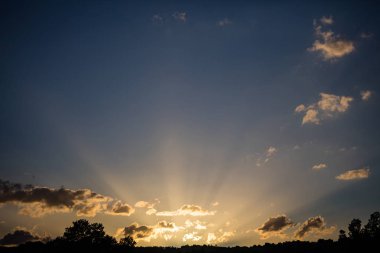 Yapraklara ışık kavramı. Sunrise Güneş ufuk, kopya alanı, duvar kağıdı gelen bulutların arasından.