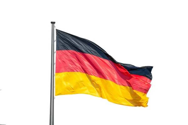 German Flag Waving Silver Flagpole White Background Close View Space — Stock Photo, Image