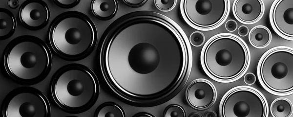 Multiple various size black Loudspeakers background. 3d illustration — Stock Photo, Image