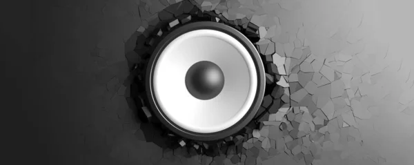 Black wall breaks from sound with speaker. 3d illustration — Stock Photo, Image