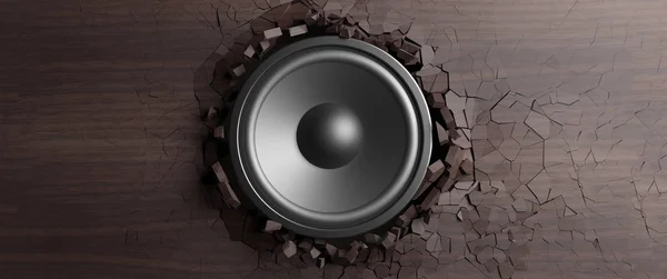 Wooden wall  breaks from sound with speaker. 3d illustration — Stock Photo, Image