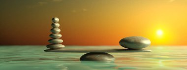 Zen taşları mavi gökyüzü ile su büyükten küçebine sıra. 3d illüstrasyon