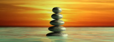 Zen taşları mavi gökyüzü ile su büyükten küçebine sıra. 3d illüstrasyon