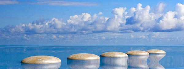 As pedras de Zen remam de grande a pequeno na água com o céu azul. ilustração 3d — Fotografia de Stock