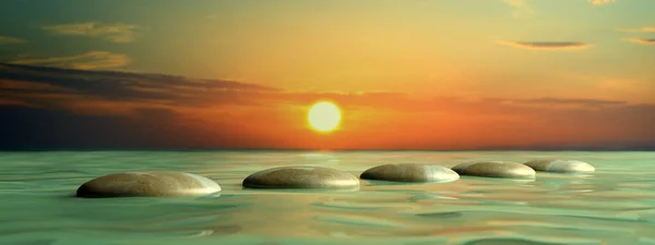 Zen rând de pietre de la mare la mic în apă cu cer albastru. Ilustrație 3d — Fotografie, imagine de stoc