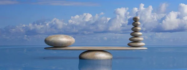 Zen Stones rij van groot naar klein in water met blauwe lucht. 3D-illustratie — Stockfoto