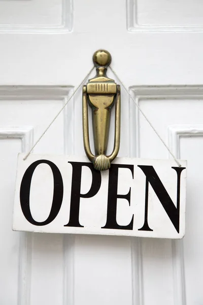 White Open Sign Shop Door — Stock Photo, Image